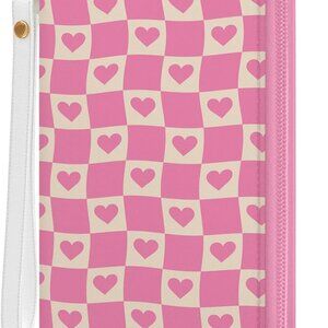 Pink plaid women's RFID blocking wristlet wallet, large capacity, zip around
